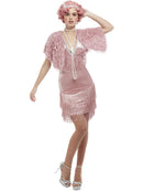 Deluxe 20s Vintage Pink Flapper Costume Short Fringed Dress and Pink Stole 1