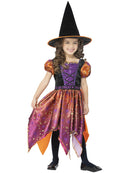 Moon and Stars Witch Costume Childs Black and Orange Dress with Purple Highlights and Matching Hat 3