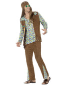 60s Hippie Costume for Men Brown Waistcoat Trousers Medallion Headband