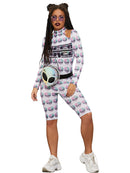 Fever Space Unitard Adult White All In One with Printed Alien Faces 2