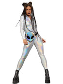 Fever Miss Whiplash Mirror Holographic Zip Up Silver Catsuit 1