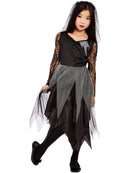 Graveyard Bride Costume Black Dress and Veiled Headband for Girls 3