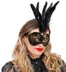 Gold  Black Eyemask With Gem & Feathers