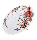 Decorated White Rice Paper Oriental Parasol With Wooden Structure Ø 84 Cm