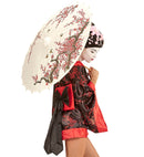Decorated White Rice Paper Oriental Parasol With Wooden Structure Ø 84 Cm