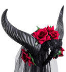 Bridal Veil With Horns, Roses, Lace And Black Gem