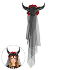 Bridal Veil With Horns, Roses, Lace And Black Gem