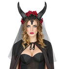 Bridal Veil With Horns, Roses, Lace And Black Gem