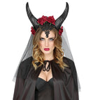 Bridal Veil With Horns, Roses, Lace And Black Gem