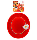 Felt Red Bowler Hat With Multicolor Band & Flower