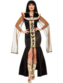 Egyptian Goddess Costume Long Black Dress With Gold and Black Hieroglyphics Print With Bronze Coloured Cape 1