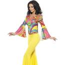 70s Groovy Babe Costume Adult Yellow Flared Trousers Multi Coloured Top 4
