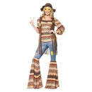 Harmony Hippie Costume Adult 70s Multi Coloured Top Flares and Brown Fringe Waistcoat 1