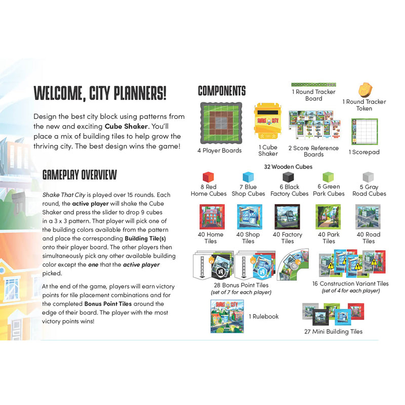 AEG Shake That City | Design The Best City Block by selecting a Pattern from The Cube Shaker | Family Puzzly Tile-Laying Game | 1-4 Players | Ages 10+