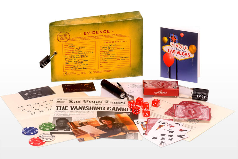 The Vanishing Gambler - Immersive Detective Puzzle | 22 Real Objects, Puzzles & Clues | Resettable & Reusable | For Ages 14+ | 1-6 Players | Created by Olivier Award Winner Henry Lewis