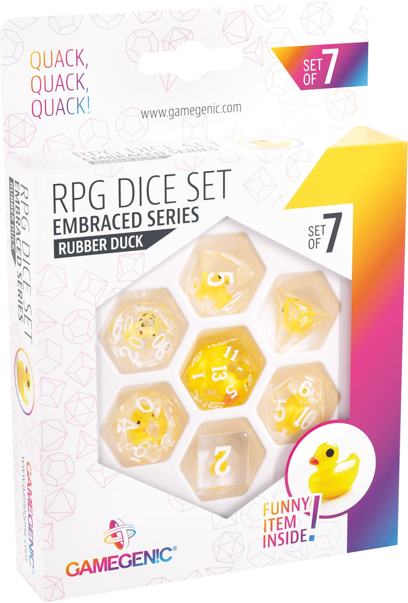 Gamegenic Embraced Series RPG Dice Set | Set of 7 Dice in a Variety of Sizes Designed for Roleplaying Games | Premium Quality Resin Dice with Unique Thematic Rubber Duck Design | Made by Gamegenic