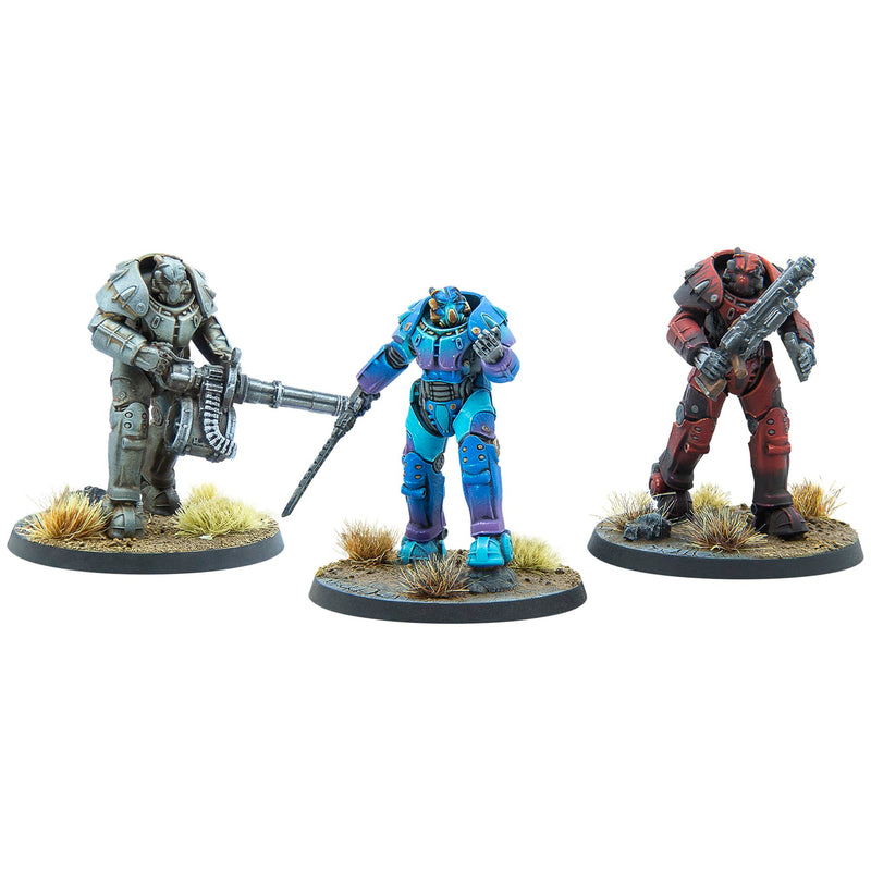 Modiphius Entertainment: Fallout: Wasteland Warfare - Unaligned: X-01 Power Armor - 3 Figures, Unpainted Miniatures, Scenic Bases, Tabletop Miniatures