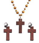 Wooden Rosary & Cross Earrings Set