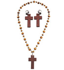 Wooden Rosary & Cross Earrings Set