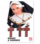 Wooden Rosary & Cross Earrings Set