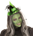 Green Mini Witch Hat With Roses, Feathers & Spider Tulle