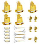 Gold Buon Anno Party Kit For 10 Persons  5 Top Hats, 5 Crowns, 5 Sounding Trumpets, 5 Sounding Blow-Outs, 1 Roll Of 10 Decorative Streamers 
