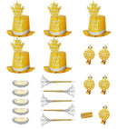 Gold Happy New Year Party Kit For 10 Persons  5 Top Hats, 5 Crowns,5 Sounding Trumpets, 5 Sounding Blow-Outs, 1 Roll Of 10 Decorative Streamers 