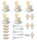 Silver Buon Anno Party Kit For 10 Persons  5 Top Hats, 5 Crowns, 5 Sounding Trumpets, 5 Sounding Blow-Outs, 1 Roll Of 10 Decorative Streamers 