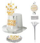 Silver Buon Anno Party Kit For 10 Persons  5 Top Hats, 5 Crowns, 5 Sounding Trumpets, 5 Sounding Blow-Outs, 1 Roll Of 10 Decorative Streamers 