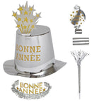 Silver Bonne Année Party Kit For10 Persons  5 Top Hats, 5 Crowns, 5 Sounding Trumpets, 5 Sounding Blow-Outs, 1 Roll Of 10 Decorative Streamers 