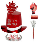 Red Buon Anno Party Kit For 10 Persons  5 Top Hats, 5 Crowns, 5 Sounding Trumpets, 5 Sounding Blow-Outs, 1 Roll Of 10 Decorative Streamers 