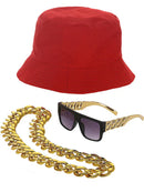 90s Hip Hop Kit Red Bucket Hat Specs Chain Necklace 3