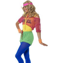 80s Lets Get Physical Girl Costume Adult Multi Coloured Leotard Top Shorts Headband 3