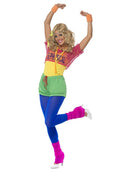 80s Lets Get Physical Girl Costume Adult Multi Coloured Leotard Top Shorts Headband 4