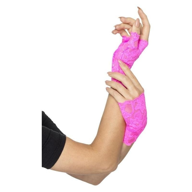 80s Fingerless Lace Gloves Adult Neon Pink_2 