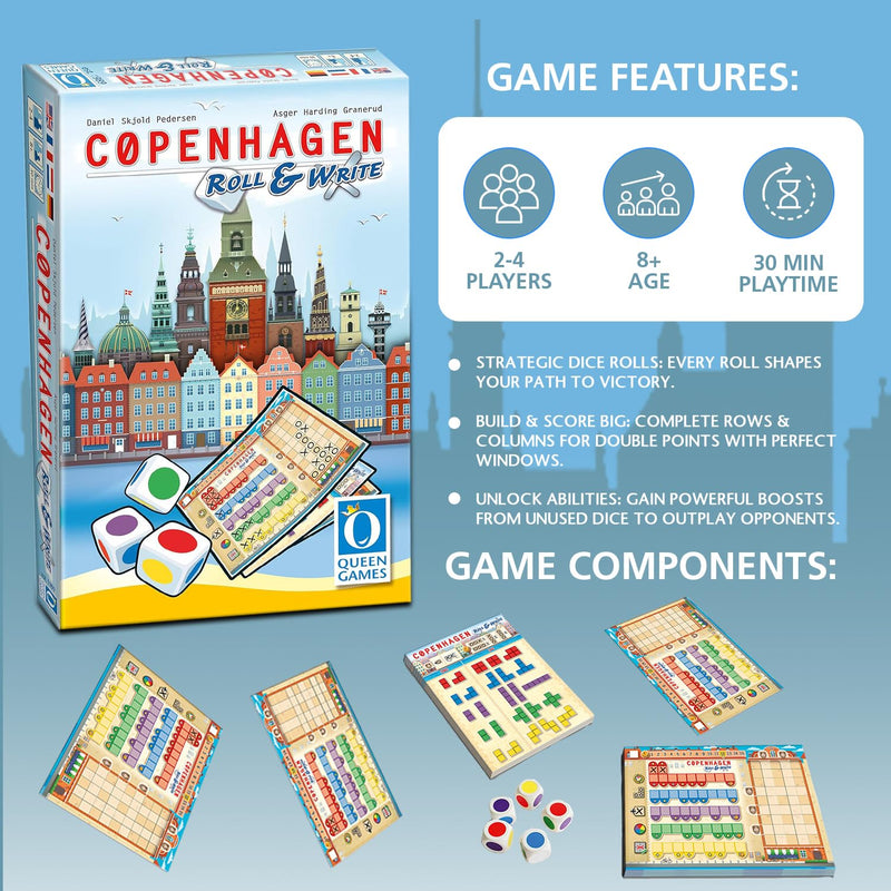 Queen Games Copenhagen Roll and Write Strategy Dice Game 2-4 Players, Family, Adults, Teens, Kids Ages 8+, 30 Minute Gameplay