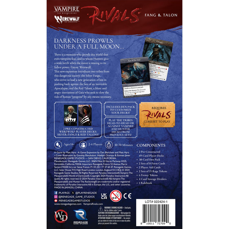 Renegade Game Studios: Vampire: The Masquerade Rivals Expandable Card Game: Werewolf: Fang & Talon - 2 Pre-Constructed 49-Card Player Decks, Ages 14+