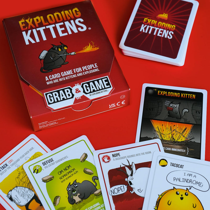 Exploding Kittens Grab & Game - 2-4 Players - Ages 7+ - 10 Minutes to Play - Travel Sized High Stakes Card Game - Party Game, Family Game Night, Kid and Adult Card Game, Red