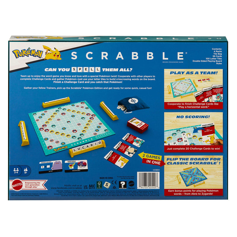 Mattel Games Scrabble Pokémon Board Game, Family Word Game with Two Ways to Play, includes 50 Challenge Cards featuring Pokémon characters for 2-4 Players, UK Version, HXB94