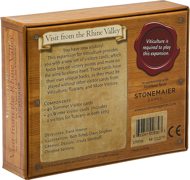 Stonemaier Games: Viticulture: Visit from The Rhine Valley Expansion | 80 New Visitor Cards | Add to Viticulture (Base Game) | 1-6 Players, 90 Mins, Ages 14+