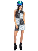 Disco Darling Checkerboard Costume Black and Silver Velour Sleeveless Shift Dress