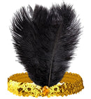Headband The Roaring 20S Sequin With 2 Feathers & Gem Gold