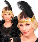 Headband The Roaring 20S Sequin With 2 Feathers & Gem Gold