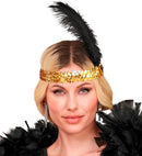 Headband The Roaring 20S Sequin With 2 Feathers & Gem Gold