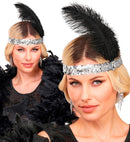 Headband The Roaring 20S Sequin With 2 Feathers & Gem Silver