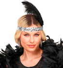 Headband The Roaring 20S Sequin With 2 Feathers & Gem Silver