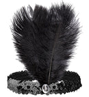 Headband The Roaring 20S Sequin With 2 Feathers & Gem Black