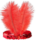 Headband The Roaring 20S Sequin With 2 Feathers & Gem Red