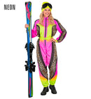 “Neon Pink-Yellow Animalier Leopard Ski Suit  Overalls, Belt 