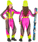 “Neon Pink-Yellow Animalier Leopard Ski Suit  Overalls, Belt 